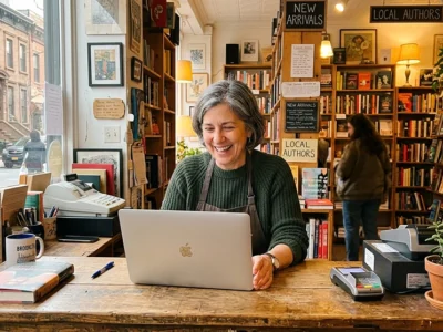 nyc shop owner smiling at tablet